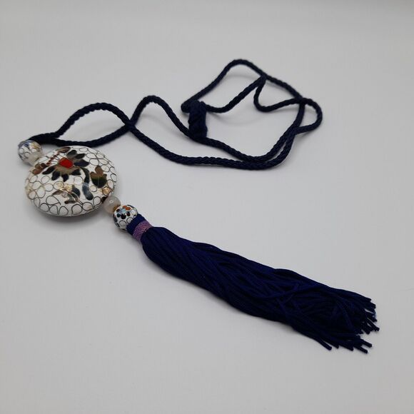 VTG Large Cloisonne Pendant on Navy Cord 28” Necklace - Picture 7 of 10